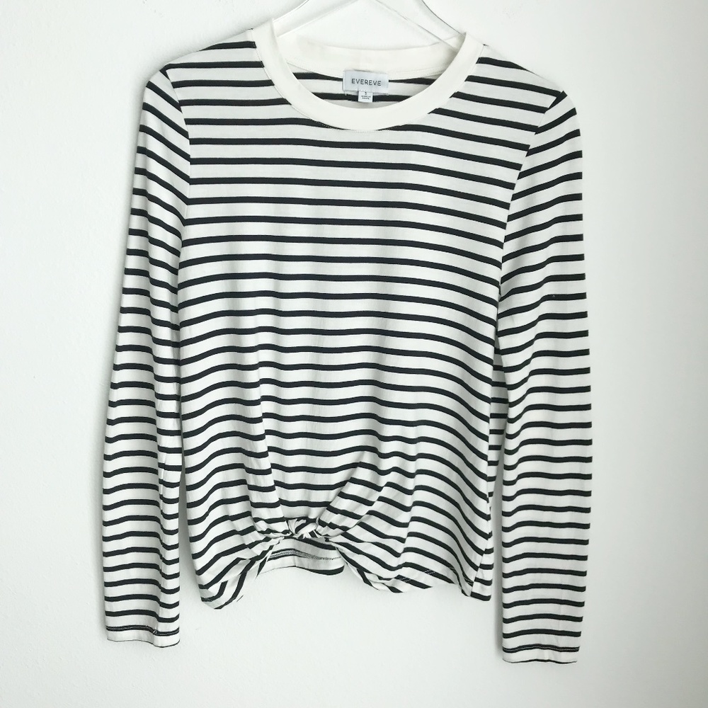 Evereve Striped Twist Front Cotton Long Sleeve Top Size S Black White Crewneck